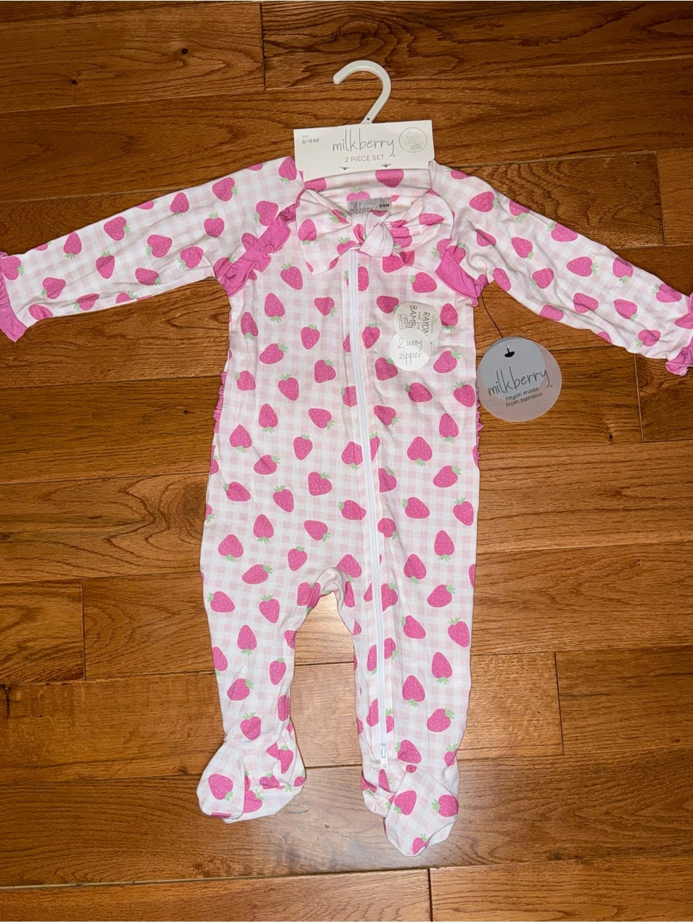NWT Milkberry Pink Strawberry Print Zip-Front Baby Footed Pajamas